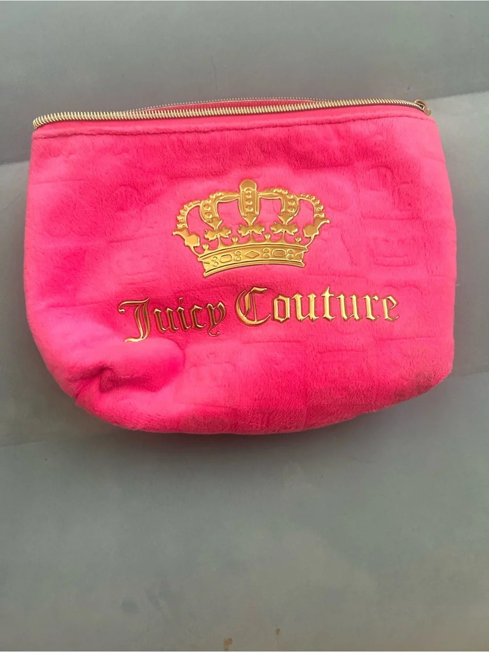Juicy Couture Hot Pink Plush Cosmetic Case with Gold Crest